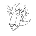 Vector line drawing, graphic. mystical, esoteric composition. crystal moon and leaves. celestial Royalty Free Stock Photo